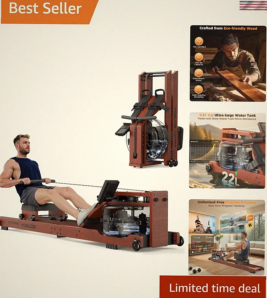 22L Tank Wooden Water Rower - Space-Saving, High Capacity, Bluetooth Enabled