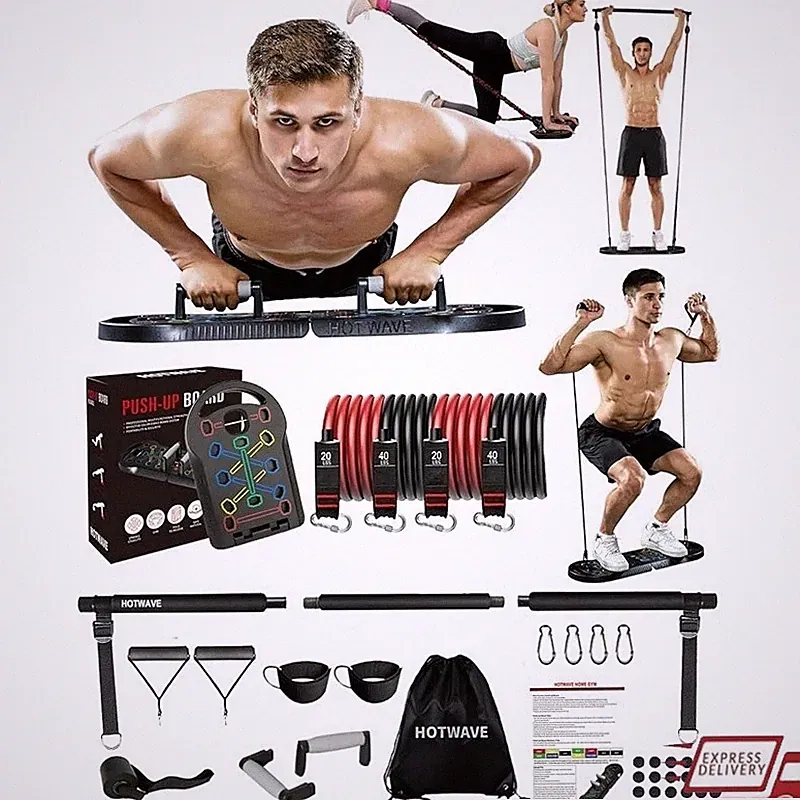All in One Portable Home Gym Equipment Push Up Board Resistance Bands Ab Roller