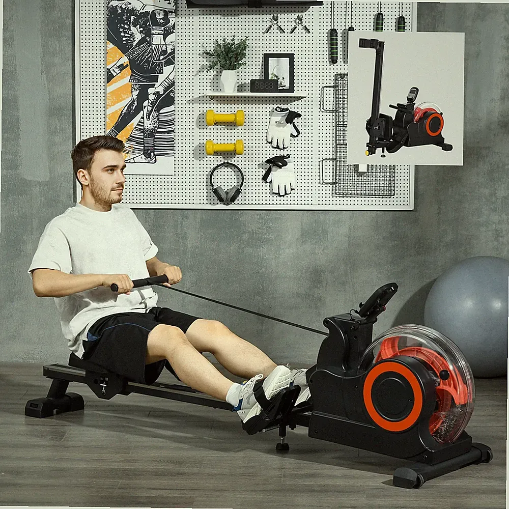 Foldable Water Rowing Machine with Wheels for Home Gym, Red