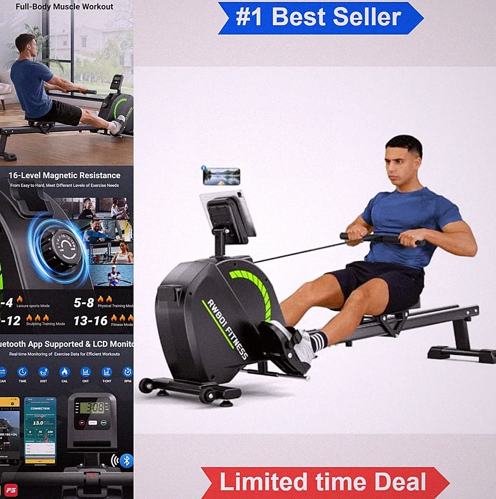 Magnetic Rowing Machine 350 LB Capacity 16 Level Resistance Dual Slide Rail App