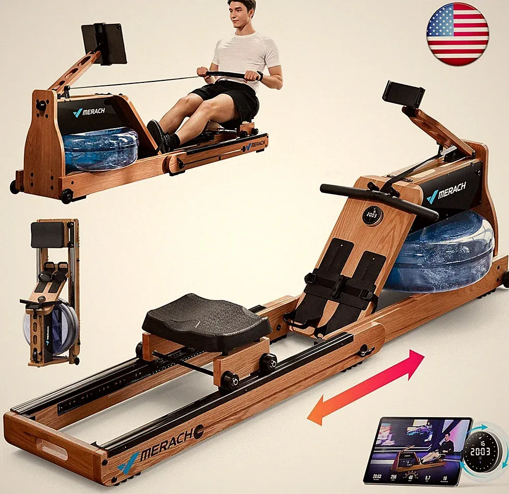 MERACH 950 Foldable Wooden Workout Rowing Machine Water Electromagnetic for Home