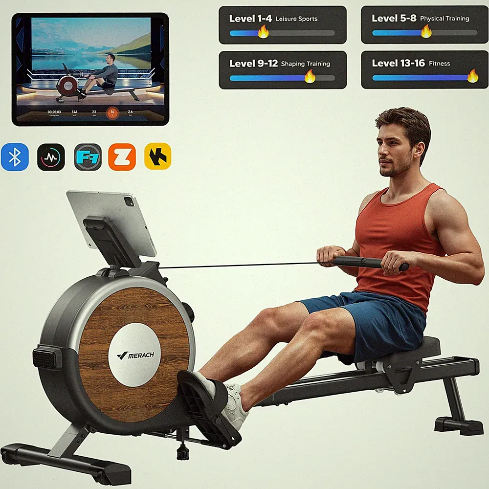MERACH Magnetic Rowing Machine 350lbs 16 Levels of Quiet Resistance W/ Bluetooth