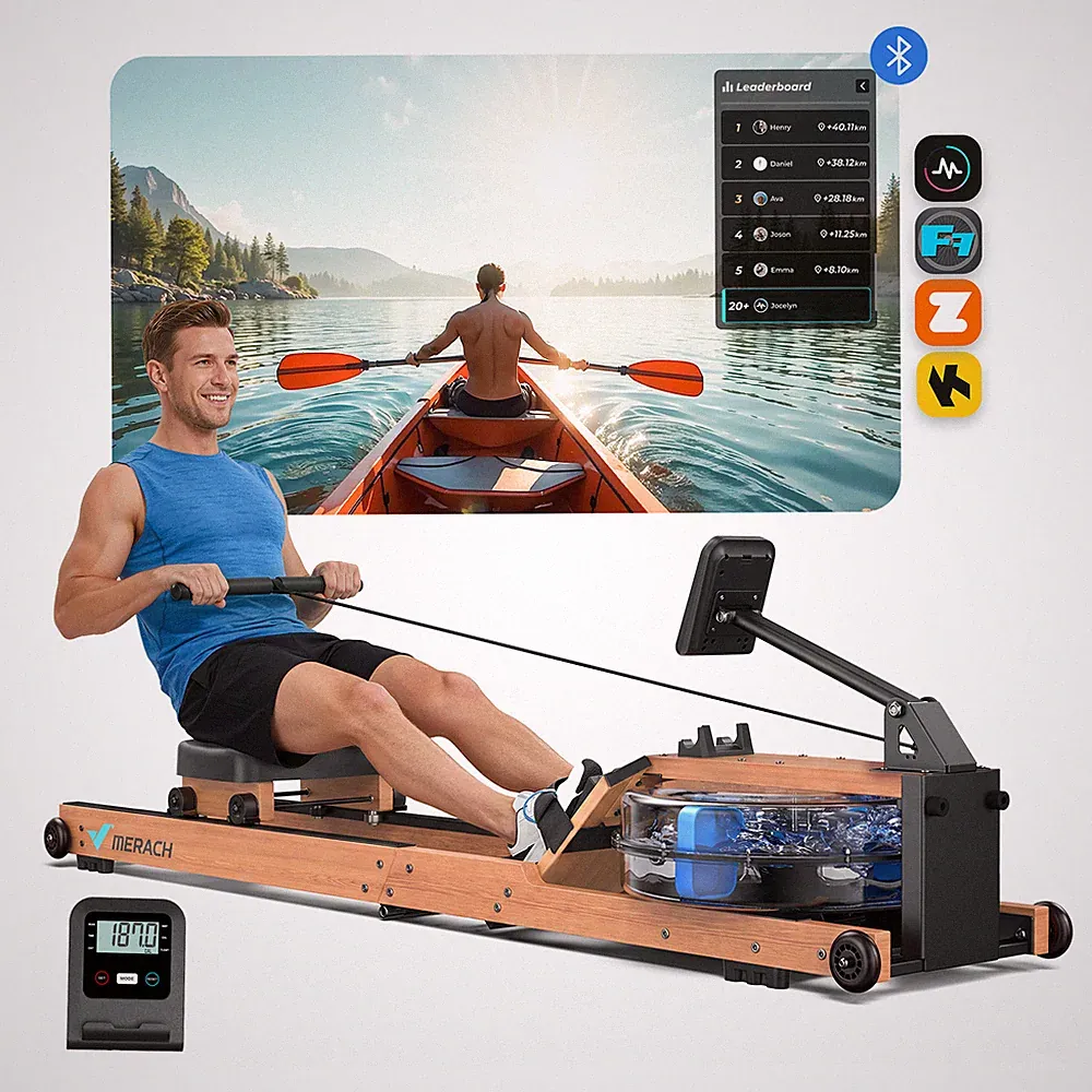 MERACH Water Rowing Machine Foldable Wood Rowing Machine with 6 Levels for home