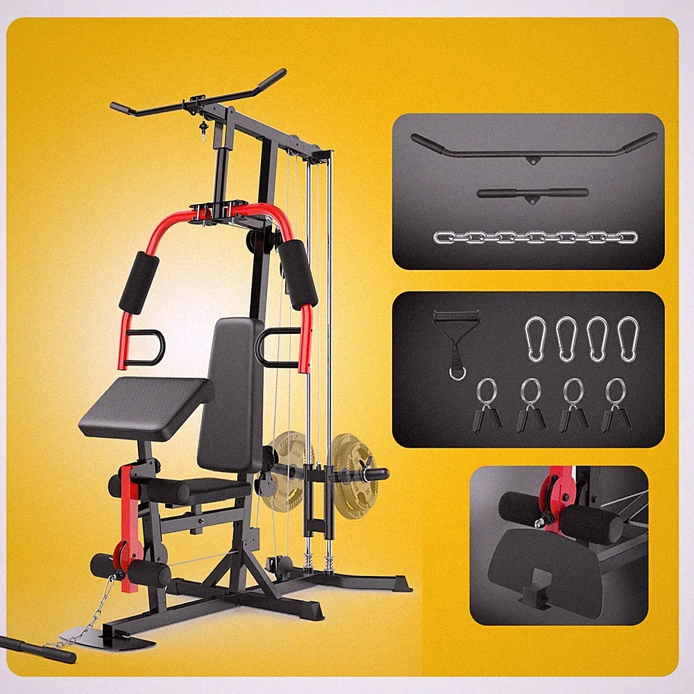 Multifunctional Home Gym Workout Station w/Pulley System & Seated Rowing Trainin