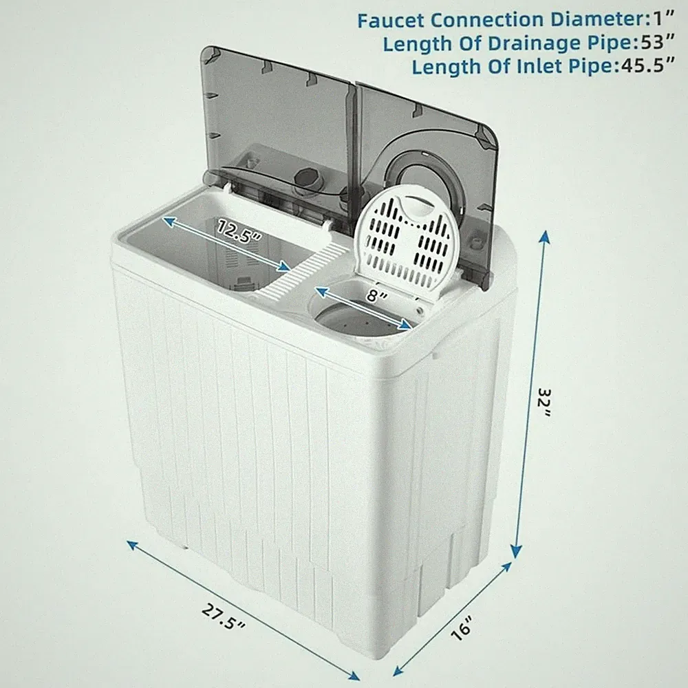 Pemberly Row 26lbs Portable Semi-automatic Twin Tub Washing Machine in Gray