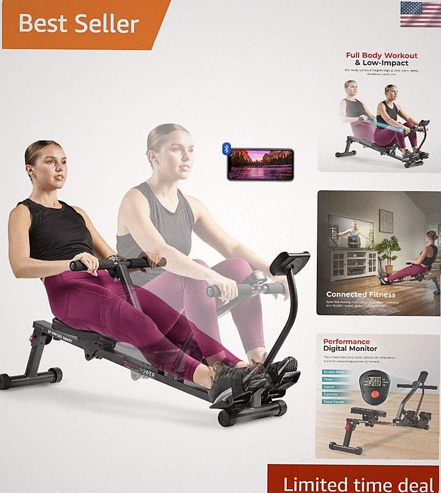 Smart Rowing Machine with 12 Resistance Levels – Free SunnyFit App Included