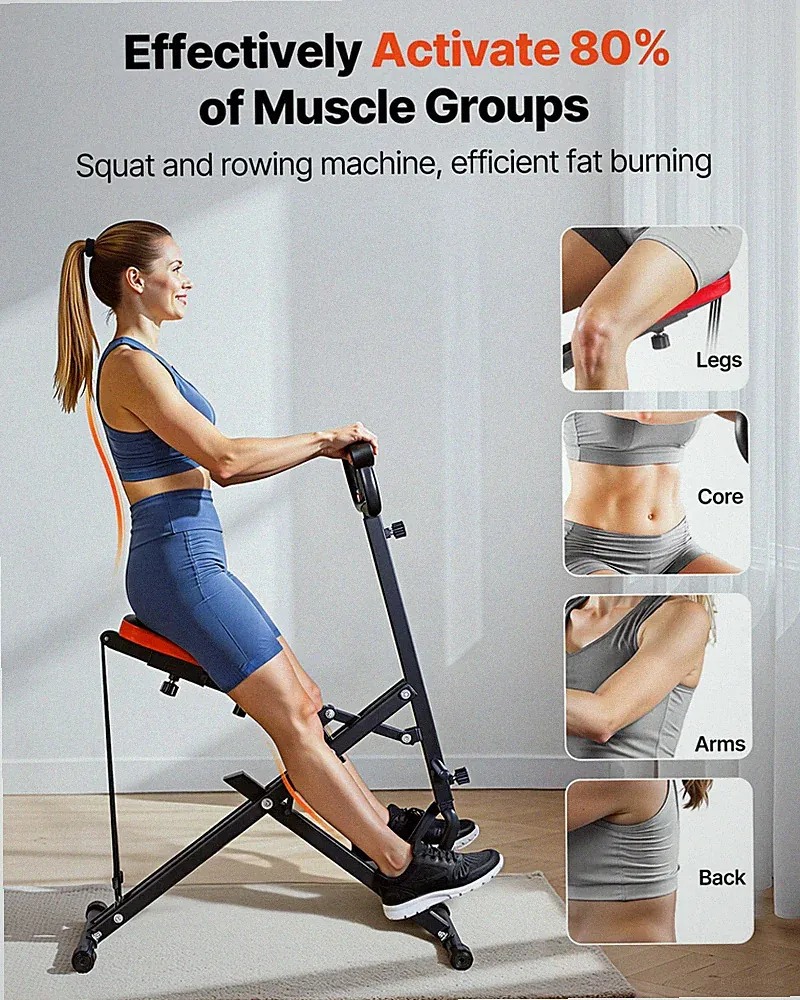 Squat & Rowing Machine, Foldable Glute Trainer with Resistance Bands, Black