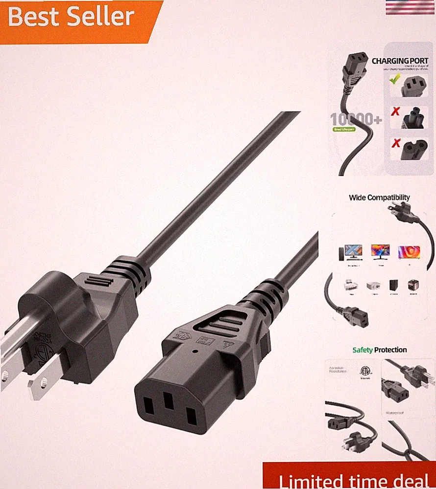 Universal 6FT AC Power Cable - Compatible with Treadmills and Fitness Machines