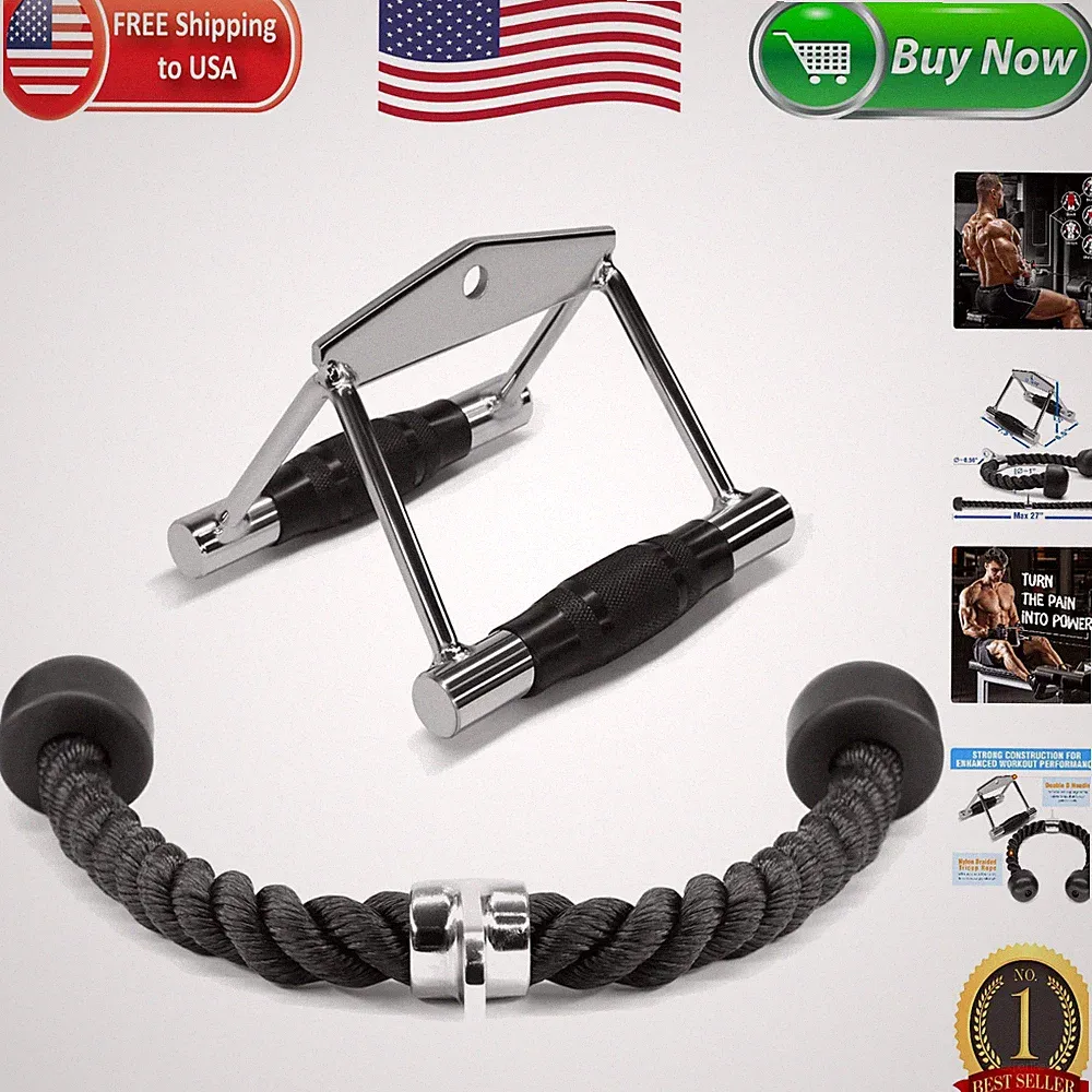 Versatile Cable Machine Accessories: 880 LB Rated Row Handles & Tricep Rope Kit