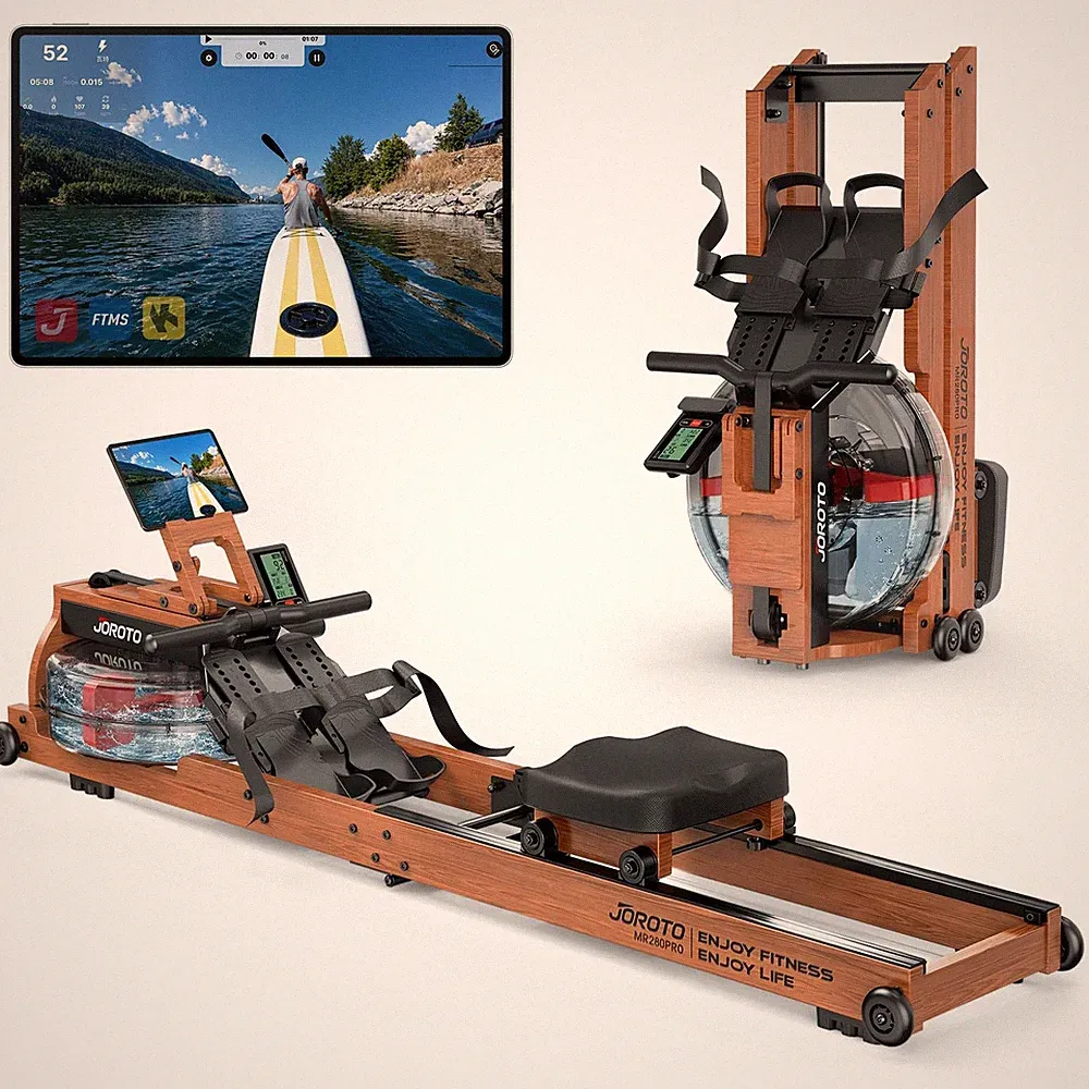 Water Rowing Machine Foldable 400LB Capacity Bluetooth Brown MR280PRO JOROTO