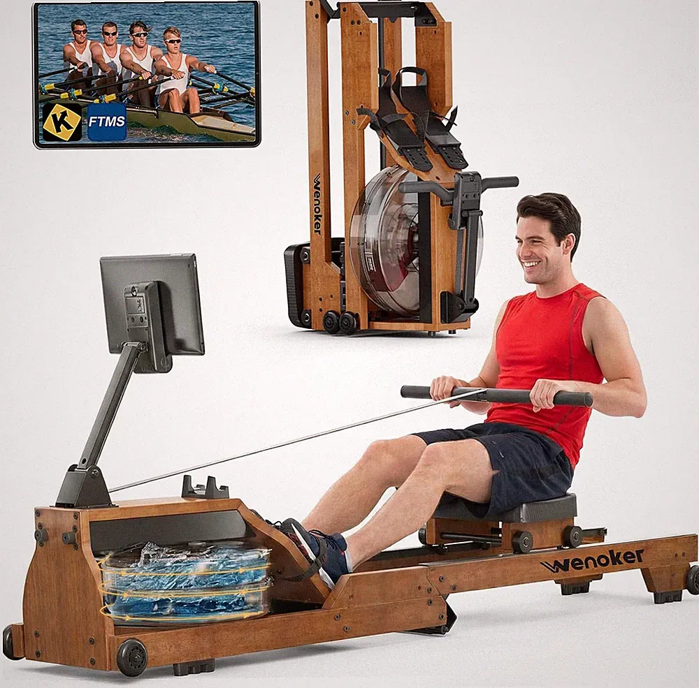 Water Rowing Machine for Home Use, Foldable Wooden Rower Machine with Adjustabl