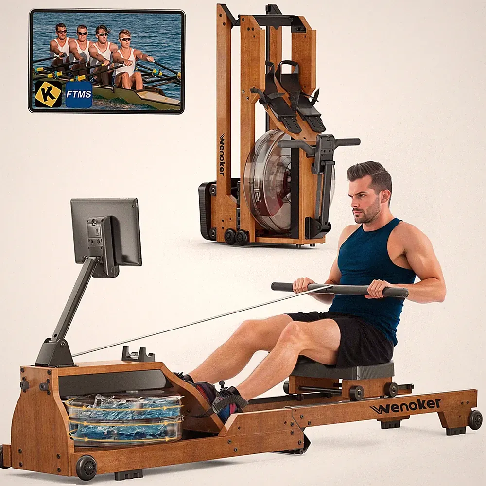 Water Rowing Machine for Home Use, Wooden Foldable Rower Machine with Adjusta...