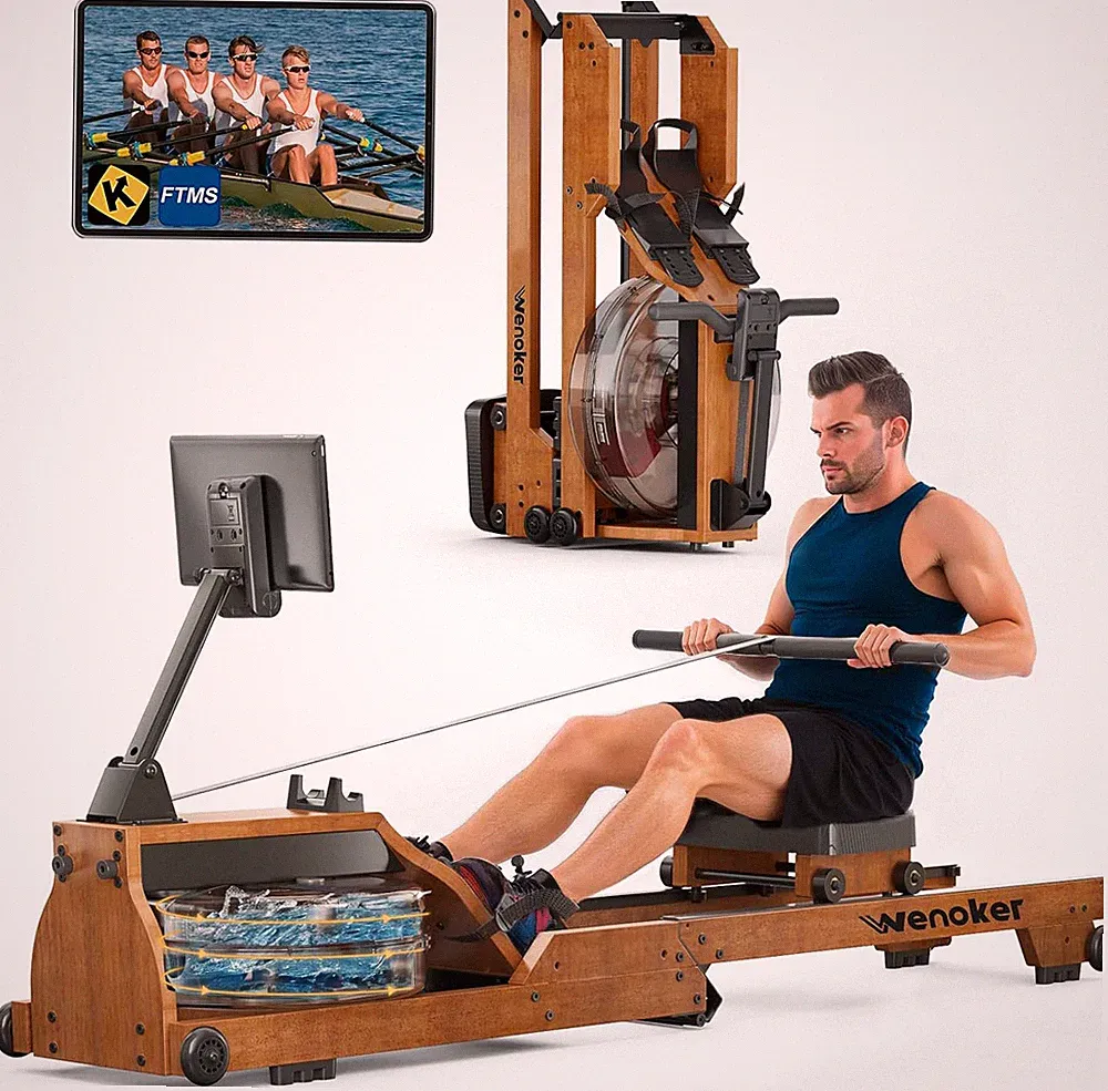 Water Rowing Machine for Home Use, Wooden Foldable Rower Machine with Dedicated