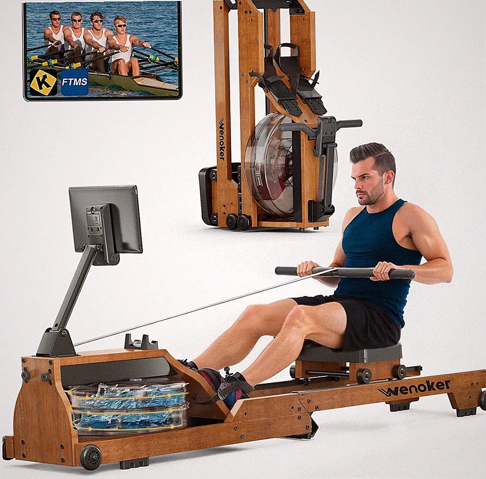 Water Rowing Machine for Home Use, Wooden Foldable Rower Machine with Dedicated