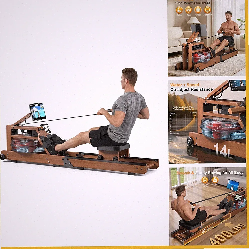 Water Rowing Machine for Home, Wooden Rower Machine with Realistic Water Resista