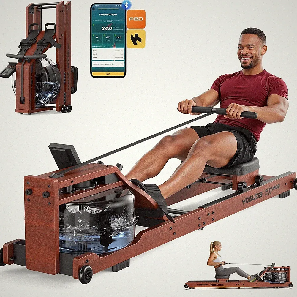 YOSUDA Foldable Water Rowing Machine for Home with App, Solid Beech Wood 400LBS